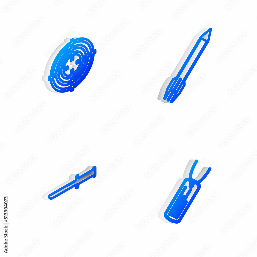 Set Isometric line Rocket, Target sport, Military knife and dog tag icon. Vector