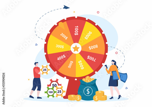 Casino Cartoon Illustration with Buttons, Slot Machine, Roulette, Poker Chips and Playing Cards for Gambling Style Design