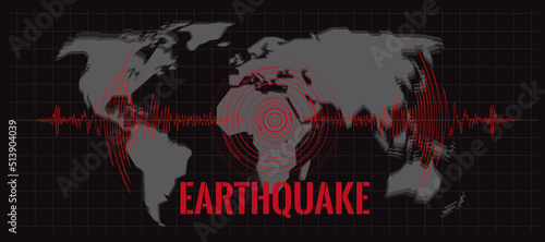 Earthquake concept with text and red curve wave and circle vibration on dark world map background vector illustration design
