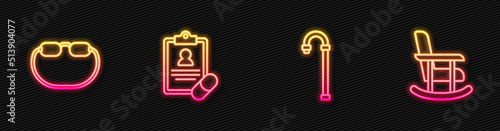 Set line Walking stick cane, Eyeglasses, Medical prescription and Rocking chair. Glowing neon icon. Vector