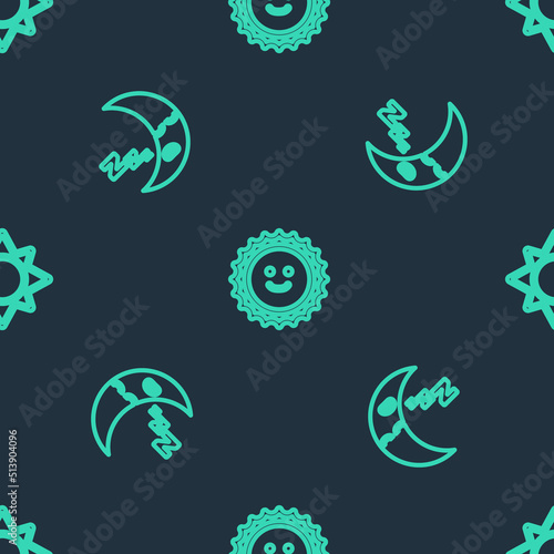 Set line Sun  Moon icon and on seamless pattern. Vector