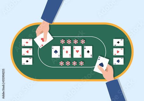 Casino Cartoon Illustration with Buttons, Slot Machine, Roulette, Poker Chips and Playing Cards for Gambling Style Design