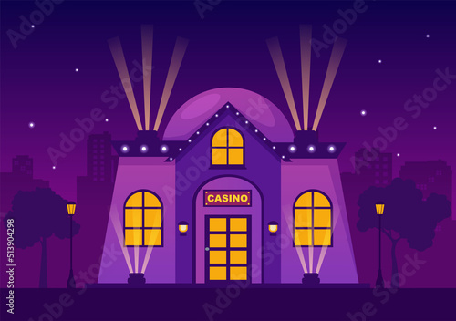 Casino Building Cartoon Illustration with Architecture, Lights and Purple Background for Gambling Style Design