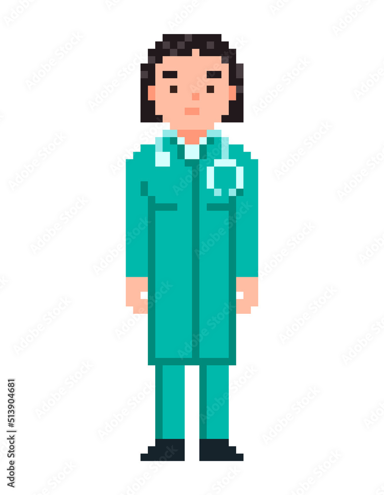 Doctor isolated on white background. Woman physician pixel game style illustration. Medic vector pixel art design. funny 8 bit people character icon. Doctor isolated on white background. Woman physician pixel game style illustration. Medic vector pixel art design. funny 8 bit people character icon.