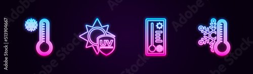 Set line Meteorology thermometer, UV protection, and Thermometer with snowflake. Glowing neon icon. Vector