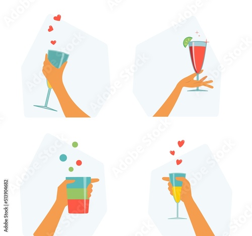 Clip-art set. Isolated female hand holding a glass with refreshing drink, cocktail, juice, alcohol. Happy hour, greeting sign, party design, celebration with love. Colorful vector in flat style.