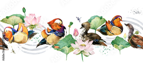 Leinwand Poster watercolor seamless pattern Mandarin duck in the blossom lotus flowers