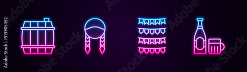 Set line Wooden barrel, Braid, Carnival garland with flags and Beer bottle glass. Glowing neon icon. Vector