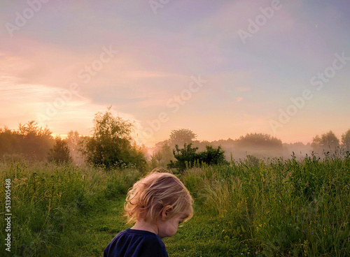 Foggy summer morning field. Beautiful sunrise on a meadow in Vladimir Oblast, Russia. Ecotourism and wild nature. Travelling with kids, toddlers.