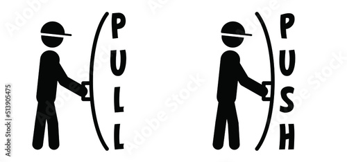 Push and pull door to open and exit icon or symbol, Stickman, stick figure man with door sign. Forward or backward, pulling or pushing yourself. Output, input pictogram