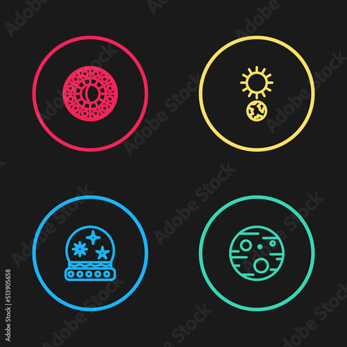 Set line Magic ball, Planet Mars, Solstice and Astrology horoscope circle icon. Vector