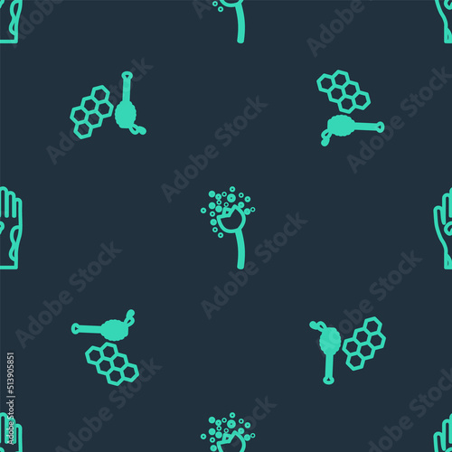Set line Flower producing pollen, Honeycomb with honey dipper and Hand psoriasis or eczema on seamless pattern. Vector