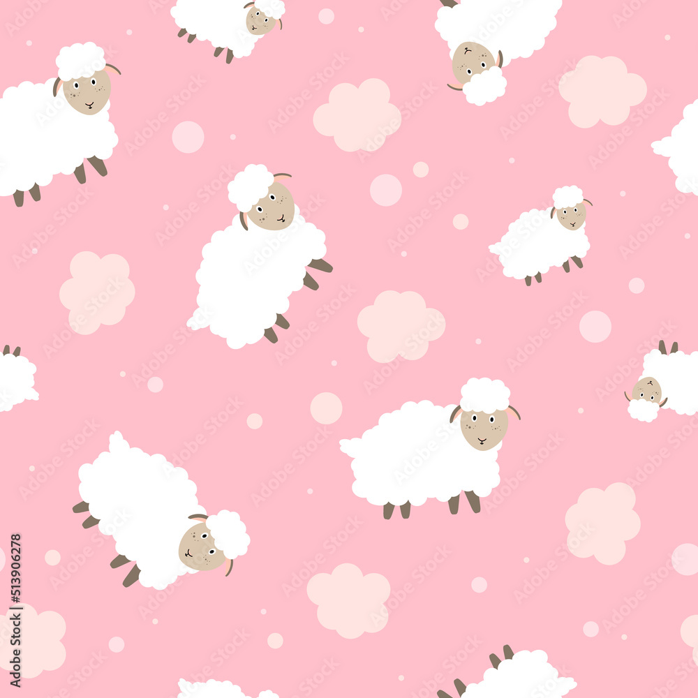 White sheep with clouds on a pink background, seamless illustration of a gentle pattern. White sheep with clouds on a pink background, seamless illustration of a gentle pattern.