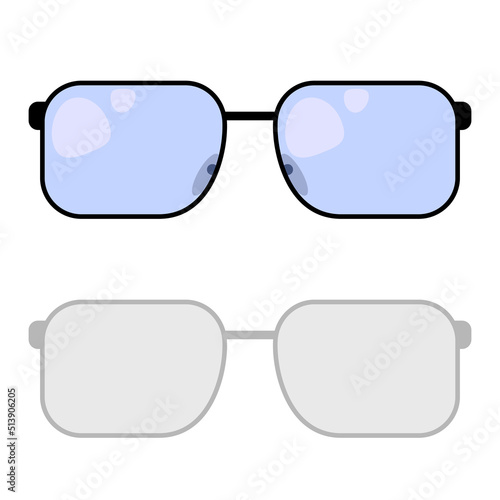 Vector illustration of modern glasses with black frame and blue glass with flare on a white background with shadow