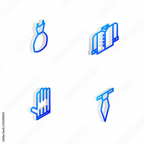 Set Isometric line T-shirt, Woman dress, Leather glove and Tie icon. Vector