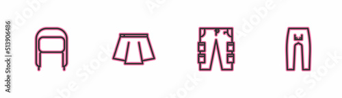 Set line Winter hat with ear flaps, Cargo pants, Skirt and Pants icon. Vector