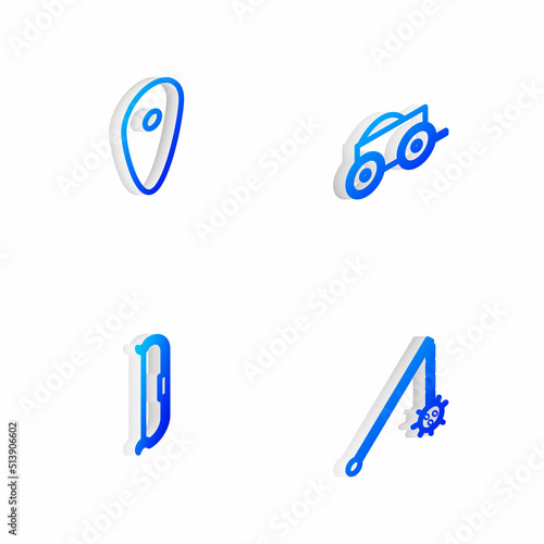 Set Isometric line Wooden four-wheel cart, Shield, Medieval bow and chained mace ball icon. Vector