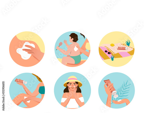 Mother applying sunscreen to baby. UV protection. Vacation on the beach. SPF cream using vector illustration.