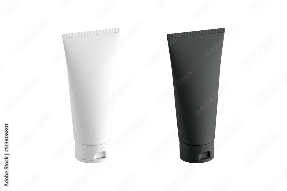 Blank white and black cosmetic tube mockup isolated on white background. 3d rendering. Blank white and black cosmetic tube mockup isolated on white background. 3d rendering.