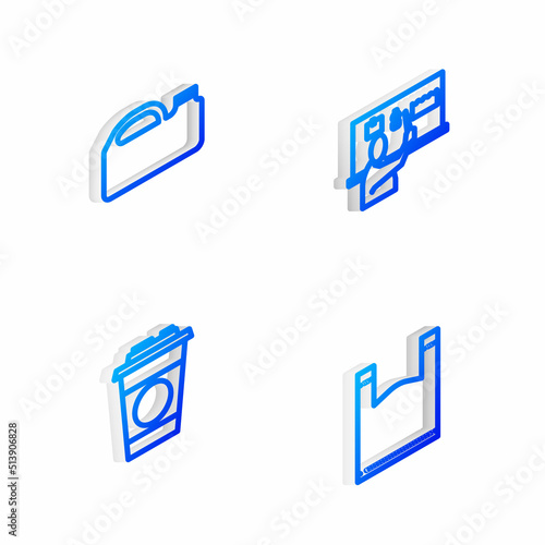Set Isometric line Stop plastic pollution, Canister for machine oil, Paper glass and Plastic bag icon. Vector © vector_v