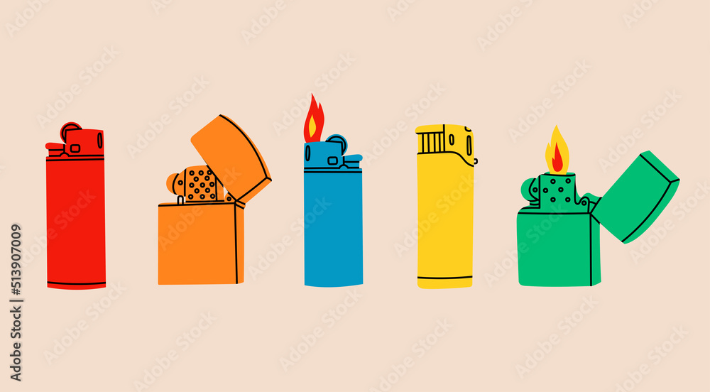 Set of various Lighters. Metal and plastic cigarette lighters. With and
