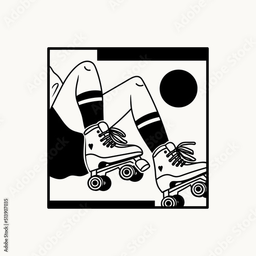 Young lady wearing comfortable long socks and vintage roller Skates. Girl sitting on floor. Close-up look. Black and white square Hand drawn modern Vector illustration. Poster, print, logo template 