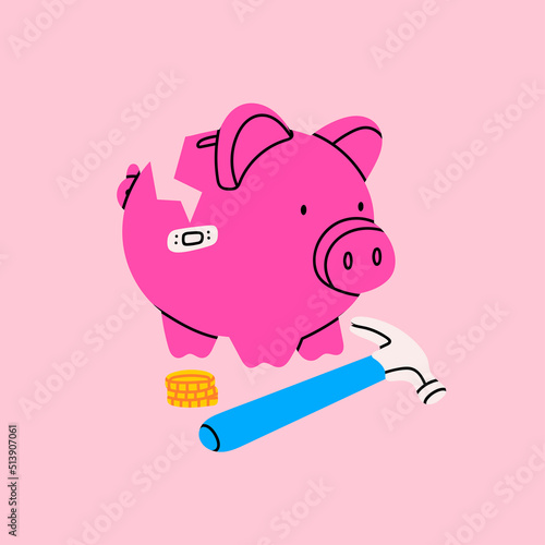 Piggy bank. Broken pig, coins, hammer. Earning money, savings, investment, business advertising concept. Hand drawn bright isolated modern Vector illustration