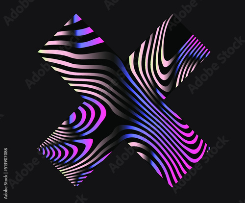 Cross with pattern of glitched and distorted holographic lines. Abstract geometric illustration for poster or logotype.