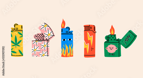 Set of various Lighters. Metal and plastic cigarette lighters with cool colorful prints. Side view. Smoking equipment. Hand drawn modern isolated Vector illustrations. Design, print templates