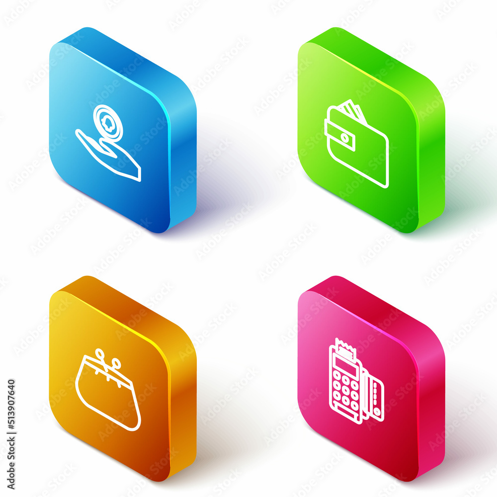 Set Isometric line Hand holding coin money, Wallet with paper cash, and POS terminal credit card icon. Vector Set Isometric line Hand holding coin money, Wallet with paper cash, and POS terminal credit card icon. Vector