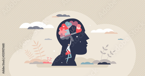 Biological psychology as study of biology of behavior tiny person concept. Mental health research and mind process learning vector illustration. Medical neurology science with person inner thoughts.