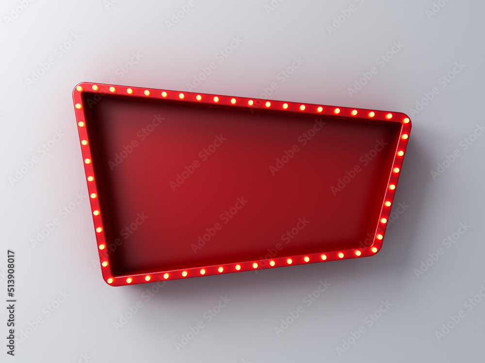 Retro billboard sign box or blank shining signboard with glowing yellow neon light bulbs isolated on white wall background with shadow 3D rendering