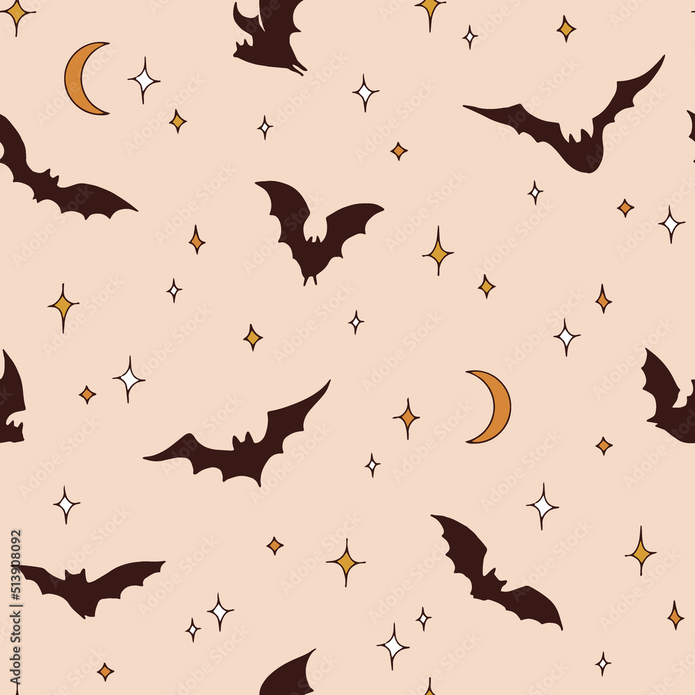 Boho Halloween Bat silhouette fly in starry night sky vector seamless pattern. Rearmouse nocturnal animal background. Groovy Autumn faded colours surface design.