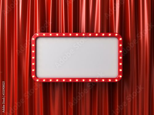 Retro billboard sign or blank shining signboard with glowing yellow neon light bulbs on red curtain background with shadow 3D rendering