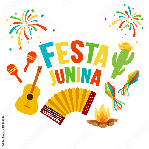 Vector Illustration Festa Junina. Symbols of party flags and paper lanterns, accordion, bonfire, guitar, maracas, festive fireworks.