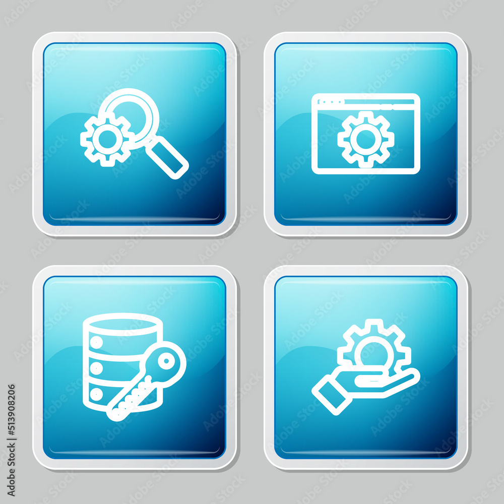 Set line Magnifying glass and gear, Browser setting, Server security with key and Hand settings icon. Vector Set line Magnifying glass and gear, Browser setting, Server security with key and Hand settings icon. Vector