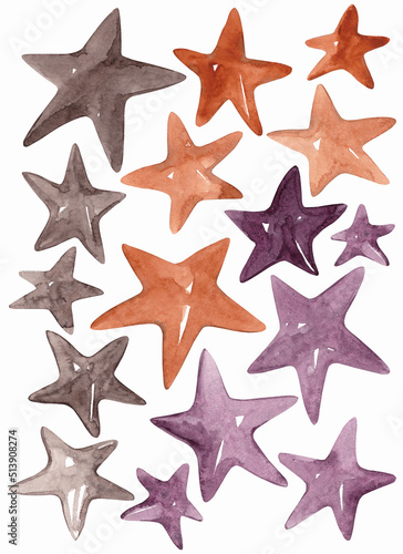 Watercolor set of stars in three colors: burnt sienna, brown and twilight pink. Stars isolated on white background. The set is perfect for holiday decor