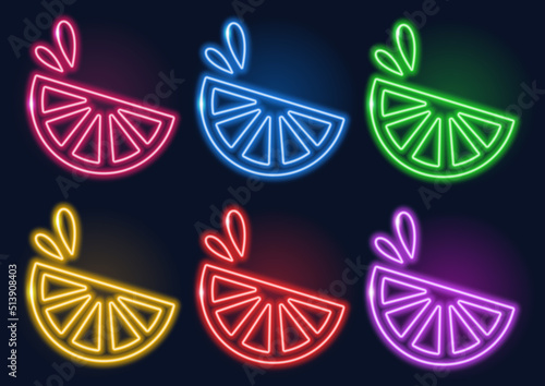 Neon sign. Set of neon lemon slices in different colors. Laser glowing lines on a black background. Lime fruits.