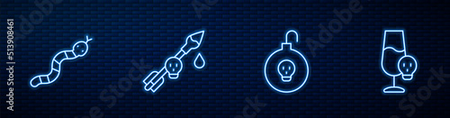 Set line Nuclear bomb, Snake, Poison on the arrow and Poisoned alcohol. Glowing neon icon on brick wall. Vector