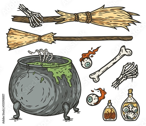 Halloween element set. Rusty cauldron with a witch's broom, eyes and skeleton hands