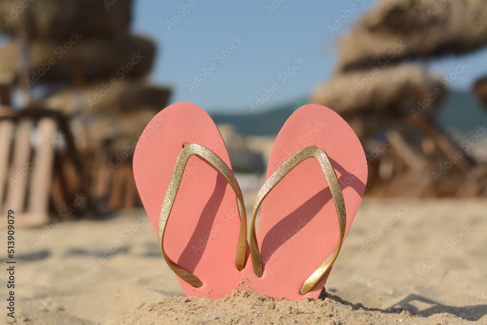 Fototapeta premium Stylish flip flops in sand on beach