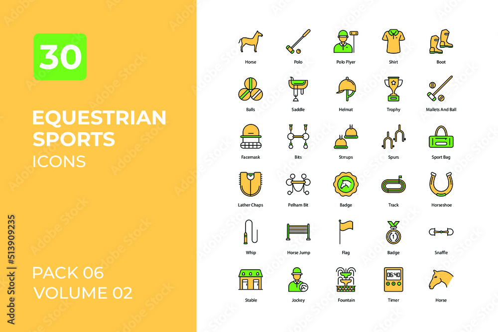 Fototapeta Equestrian sports set in two tone color version. Flaticon collection set.