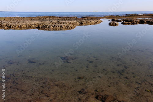 Rocky shore of the Mediterranean Sea in northern Israel.