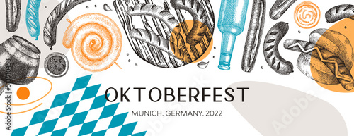 Oktoberfest background in collage style. Grilled sausage frame. Hand-drawn fast food illustration. Barbeque party sketched banner. German food and beer trendy design for German beer festival menu