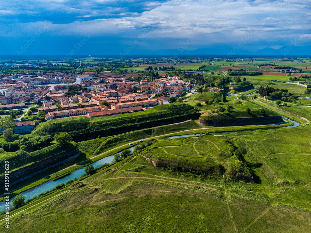 Bird's-eye view of the Renaissance city of Palmanova. Friuli.