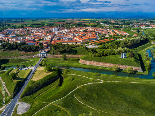 Bird's-eye view of the Renaissance city of Palmanova. Friuli.