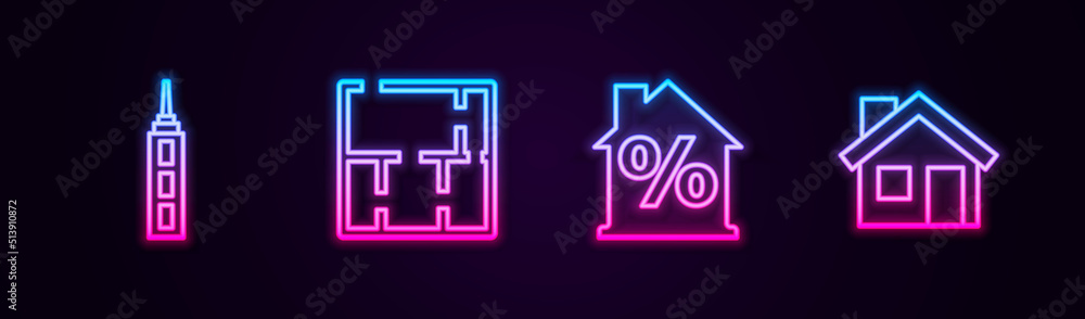 Set line Skyscraper, House plan, with percant discount and . Glowing neon icon. Vector Set line Skyscraper, House plan, with percant discount and . Glowing neon icon. Vector