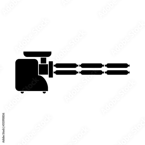 Electric meat grinder with sausage. Black silhouette. Isolated vector illustration on white background.