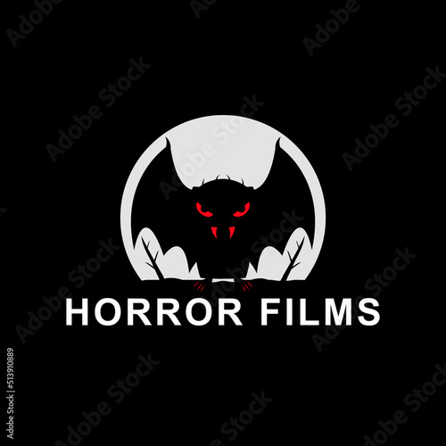 Horror films logo with monster illustration. Vector drawing on black background.