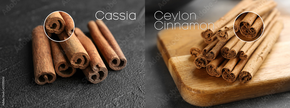 Collage with photos of cassia and ceylon cinnamon sticks on black table, closeup. Banner design - obrazy, fototapety, plakaty 